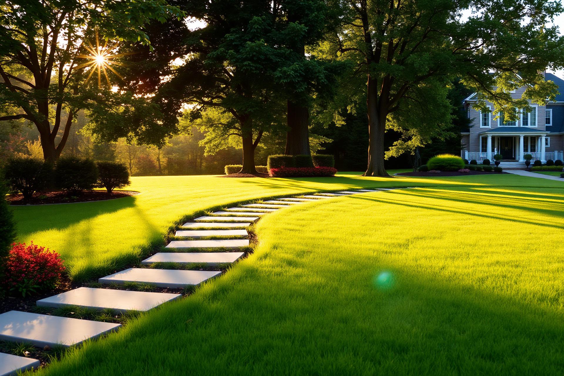 Beautifully landscaped lawn with stone walkway
